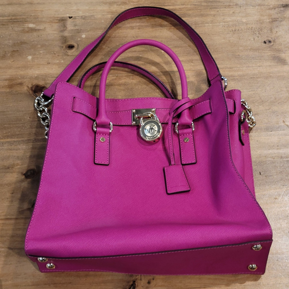 Michael Kors Hamilton Large Satchel Hot Pink Fuchsia Saffiano Leather Lock Bag